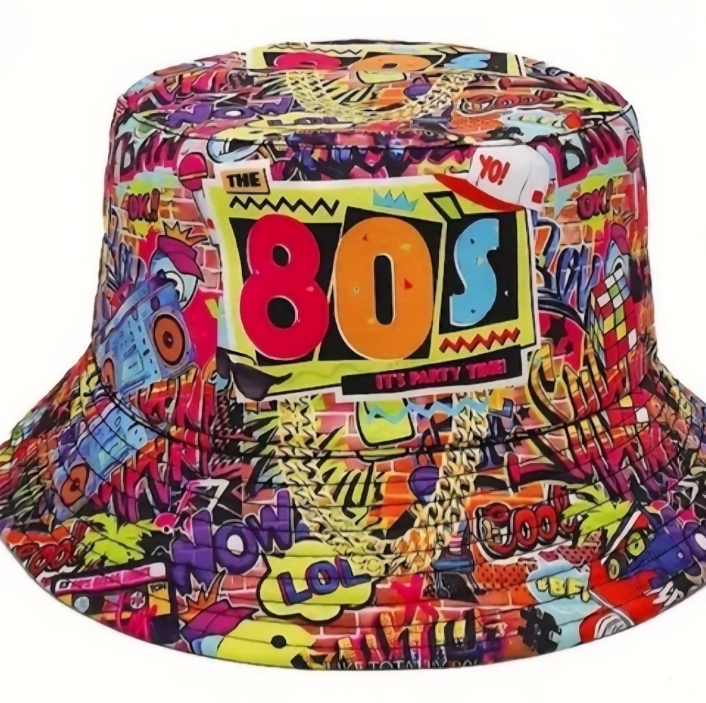 Retro Graffiti Style 80s Hat Reversible To Solid Black Bucket Hat  Unisex